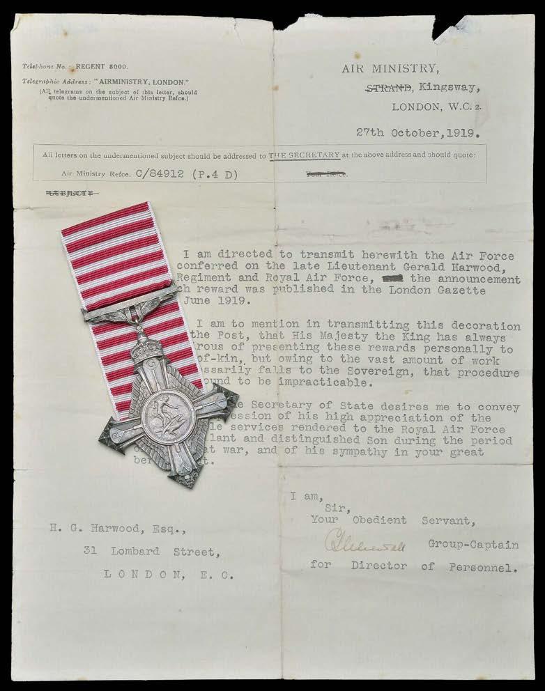 GROUPS AND SINGLE DECORATIONS FOR GALLANTRY 801 A Great War A.F.C. awarded to Lieutenant G. Harwood, Royal Air Force, late Suffolk and Essex Regiments AIR FORCE CROSS, G.V.R., unnamed as issued, in its John Pinches case of issue, good very fine 800-1000 A.