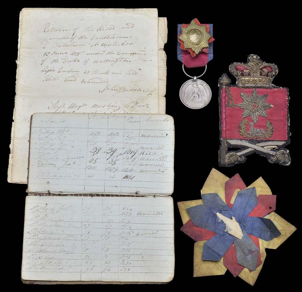 SINGLE CAMPAIGN MEDALS 340 The highly important Waterloo Medal, related artefacts and documents of Colour-Sergeant John Biddle, Light Company, 2nd Coldstream Guards, who was wounded at the defence of