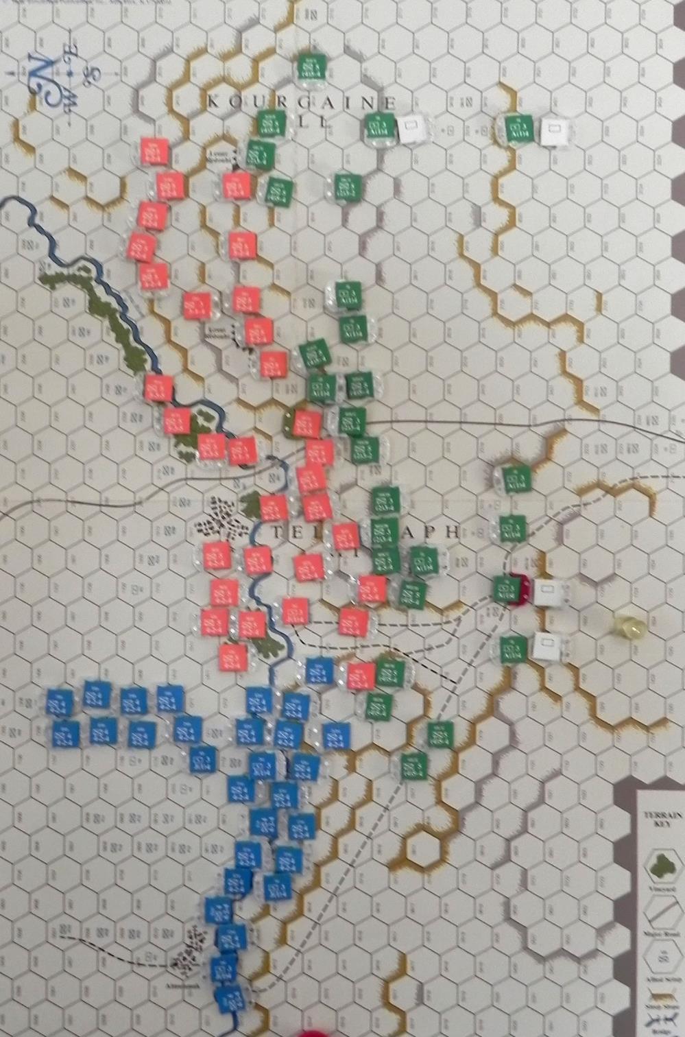 Turn 5. The blank counters are to help me remember which artillery units moved this turn. Turn 6 The Allies pursue the Russians all along the line.