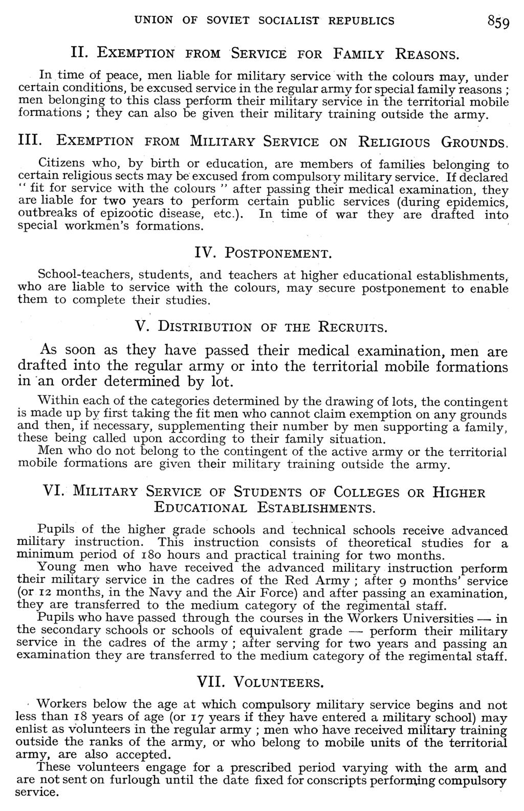 UNION OF SOVIET SOCIALIST REPUBLICS 85 II. EXEMPTION FROM SERVICE FOR FAMILY REASONS.