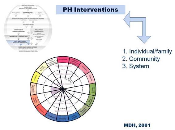 The Public Health Interventions may be applied at three levels: the individual or family level, the community, or the system level.