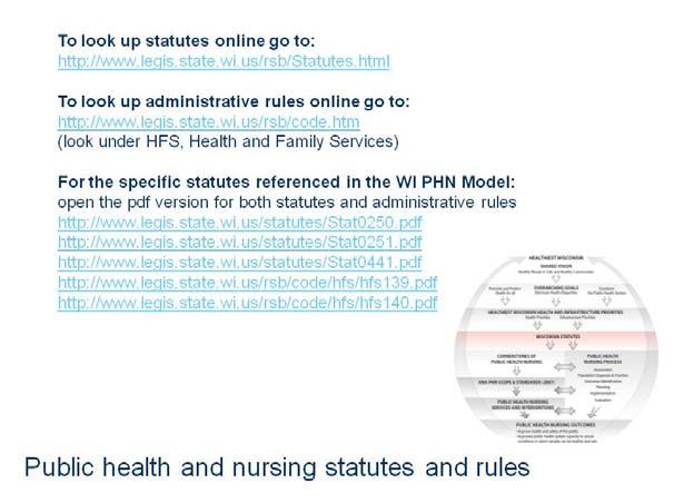 Many other state statutes and rules influence the practice of nurses in local and state health departments and are specific to programs such as communicable disease prevention and control, human