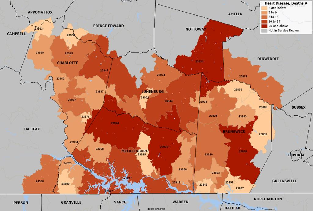 Map 2: Heart Disease Deaths, 2013 Source: Community Health Solutions analysis of death record data from the Virginia Department of