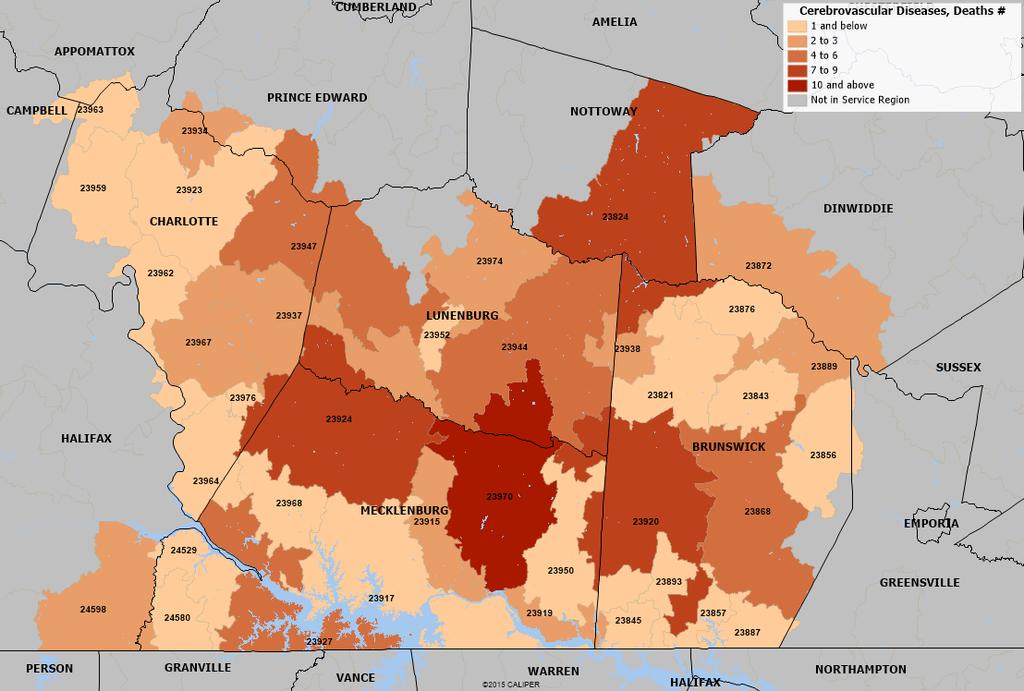 Map 3: Cerebrovascular Disease (Stroke) Deaths, 2013 Source: Community Health Solutions analysis of death record data from the Virginia