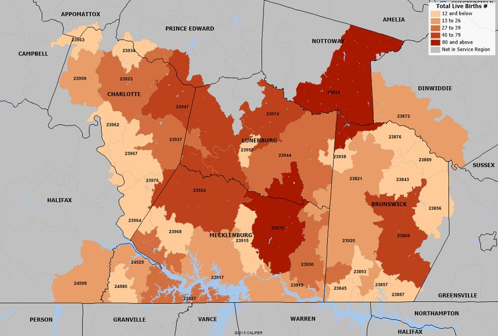 Map 5: Total Live Births, 2013 Source: Community Health Solutions analysis of birth record data from the Virginia Department of