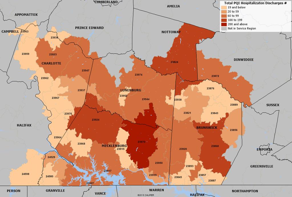 Map 7: Total Prevention Quality Indicator (PQI) Hospitalization Discharges, 2013 Source: Community Health Solutions analysis of hospital discharge data from Virginia Health