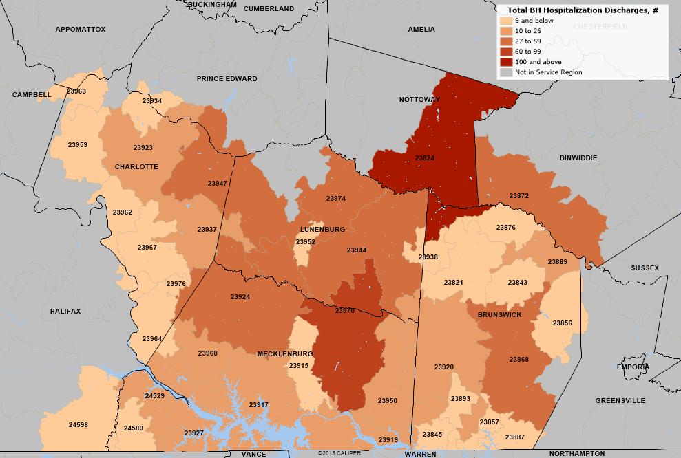 Map 8: Total Behavioral Health (BH) Hospitalization Discharges, 2013 Source: Community Health Solutions analysis of hospital discharge data from Virginia Health