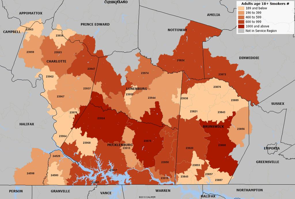 Map 9: Estimated Adults Age 18+ Smokers, 2014-Estimates Source: Estimates produced by Community Health Solutions using Virginia Behavioral Risk Factor Surveillance System data