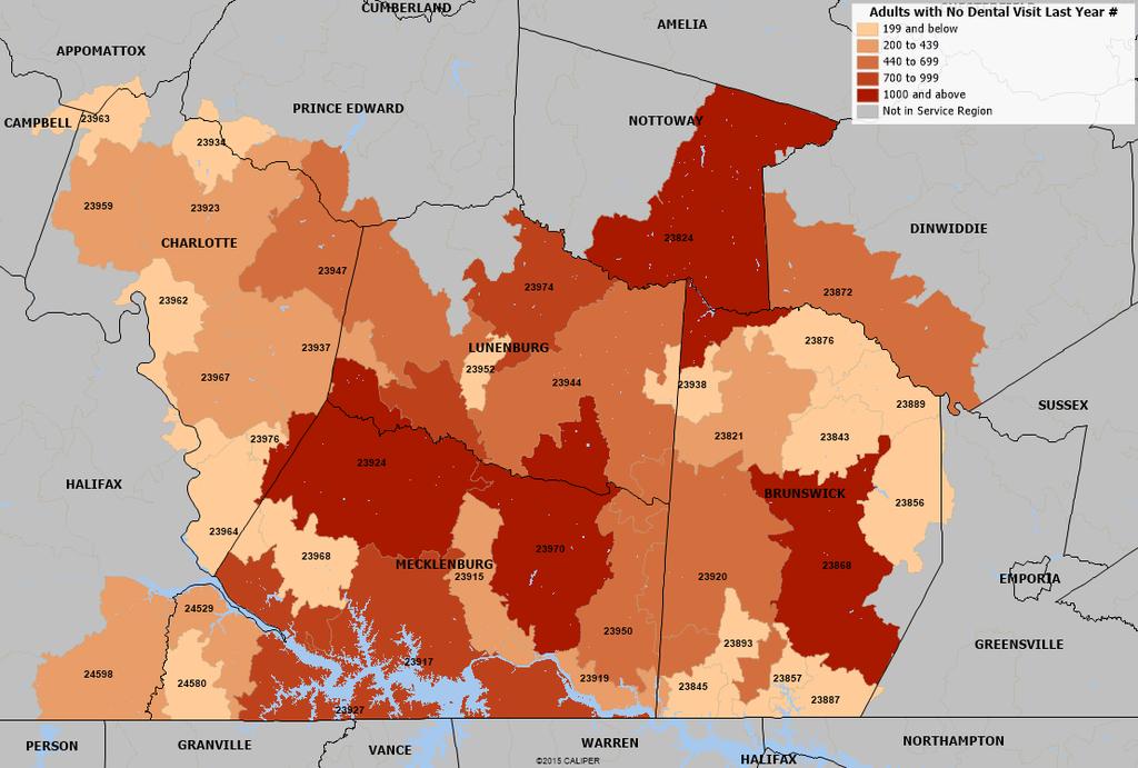 Map 10: Estimated Adults Age 18+ with No Dental Visit in the Last Year, 2014-Estimates Source: Estimates produced by Community Health Solutions using Virginia Behavioral Risk Factor Surveillance