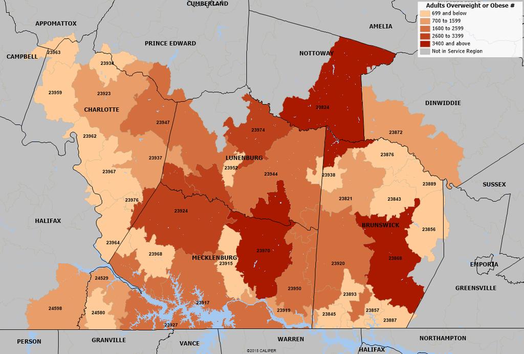 Map 12: Estimated Adults Age 18+ who are Overweight or Obese, 2014-Estimates Source: Estimates produced by Community Health Solutions using Virginia Behavioral Risk Factor