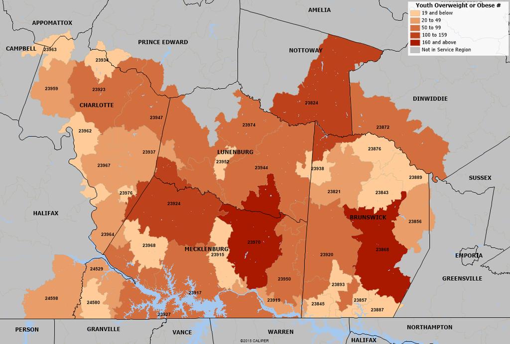 Map 13: Estimated High School-aged Youth (age 14-19) who are Overweight or Obese, 2014-Estimates Source: Estimates produced by Community Health Solutions using Virginia Youth Risk