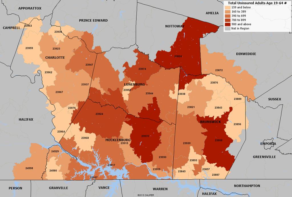 Map 15: Estimated Uninsured Adults, Age 19-64, 2014 -Estimates Source: Estimates of uninsured are based on Community Health Solutions analysis of U.S. Census Bureau Small Area.