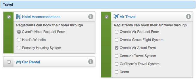 Syncing Travel Data To sync travel data (e.g., Cvent s Hotel Request Form, Cvent s Air Actual Form) from Cvent to CrowdCompass submitted during registration, go to Events > Event Details > General > Event Configuration.