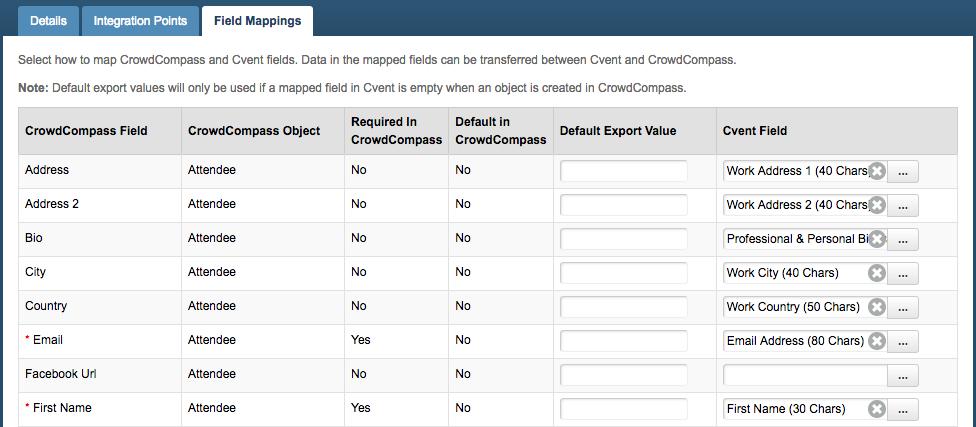 Field Mappings On the Field Mappings page, you can select how to map CrowdCompass fields with your Cvent fields.