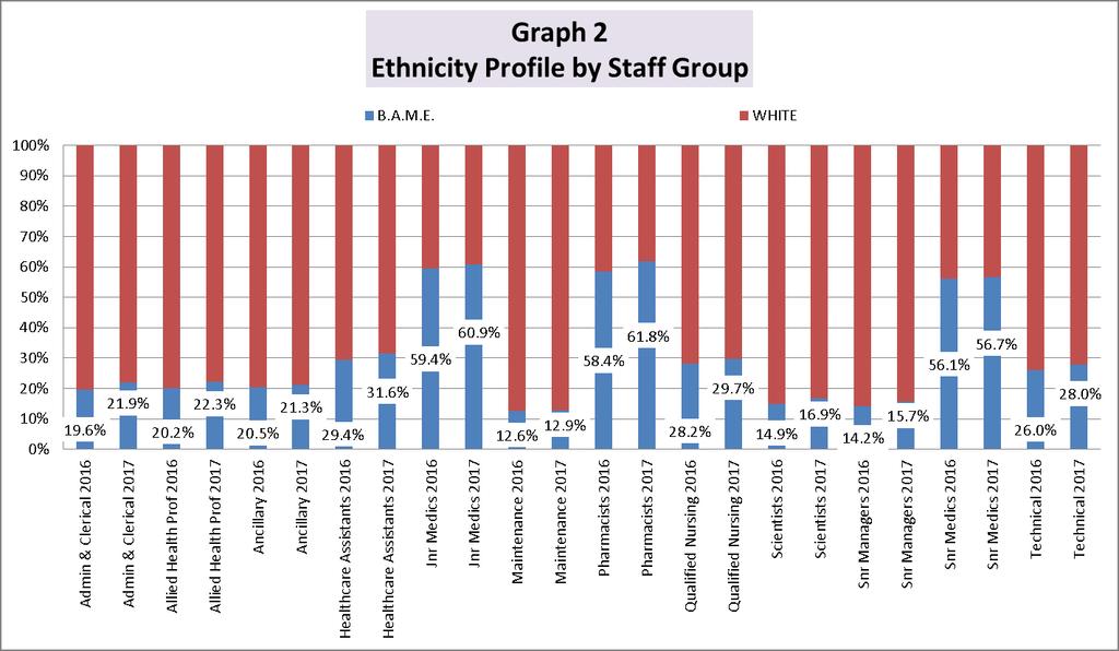 Graph 2a illustrates the workforce by pay band and ethnicity. The overall BAME workforce population across the Trust stands at 29.96%.
