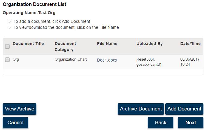 7. Click. The document appears in the Organization Document List window.
