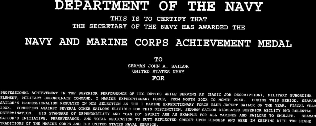 NAVY AND MARINE CORPS ACHIEVEMENT MEDAL PROFESSIONAL ACHIEVEMENT IN THE SUPERIOR PERFORMANCE OF HIS DUTIES WHILE SERVING AS (BASIC JOB DESCRIPTION), MILITARY SUBORDINATE ELEMENT, MILITARY SUBORDINATE