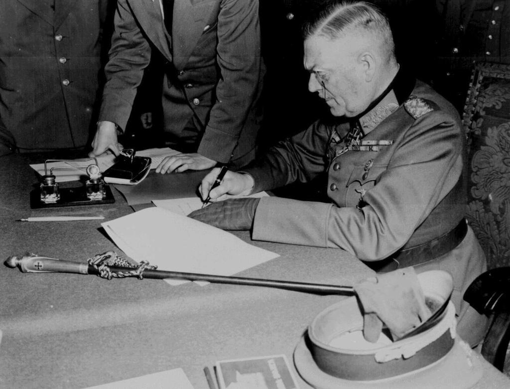 German surrender May 7, 1945, German surrender ends WWII in Europe.