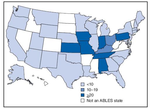 NIOSH MMWR: 2007 Annual state prevalence rate categories for state resident adults with elevated blood lead levels ( 25 µg/dl) per