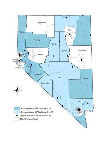 Primary Care Health Professional Shortage Areas (HPSAs) 016 96,156 Nevadans reside in a primary care HPSA (33.7%) 815,657 urban residents in Nevada (31.