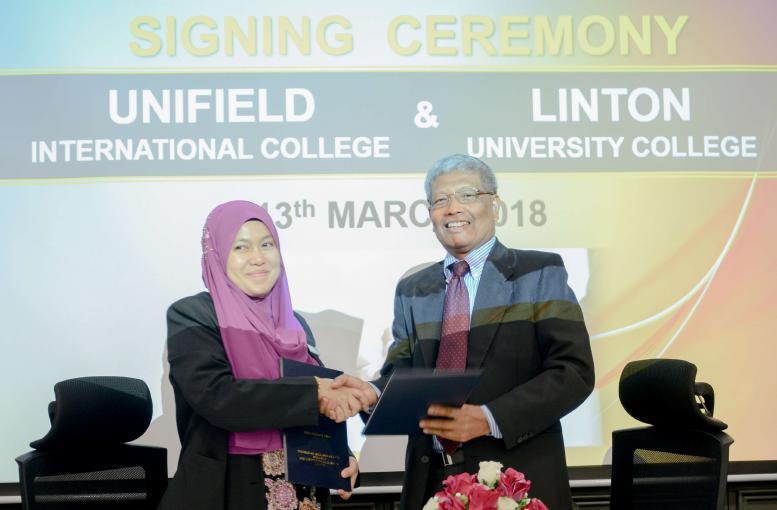 MOU Signing with UNIFIELD INTERNATIONAL COLLEGE Linton University College (LUC) and Unifield International College (UIC) signed a Memorandum of Understanding (MOU) on the 13th of March 2018.