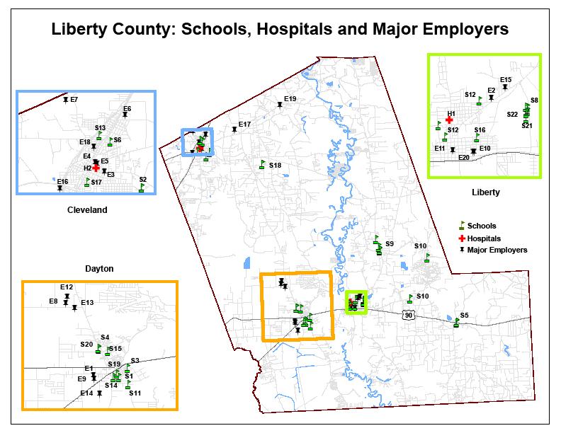 Figure ES-2: Liberty County Schools, Hospitals and Major Employers Source: H-GAC As shown in Figure ES-3, higher transit needs exist in the vicinity of the cities of Liberty, Dayton and Cleveland and