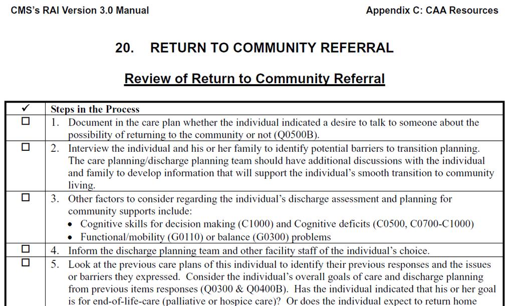 Return to Community Referral Care Area Assessment (CAA) Resource RAI