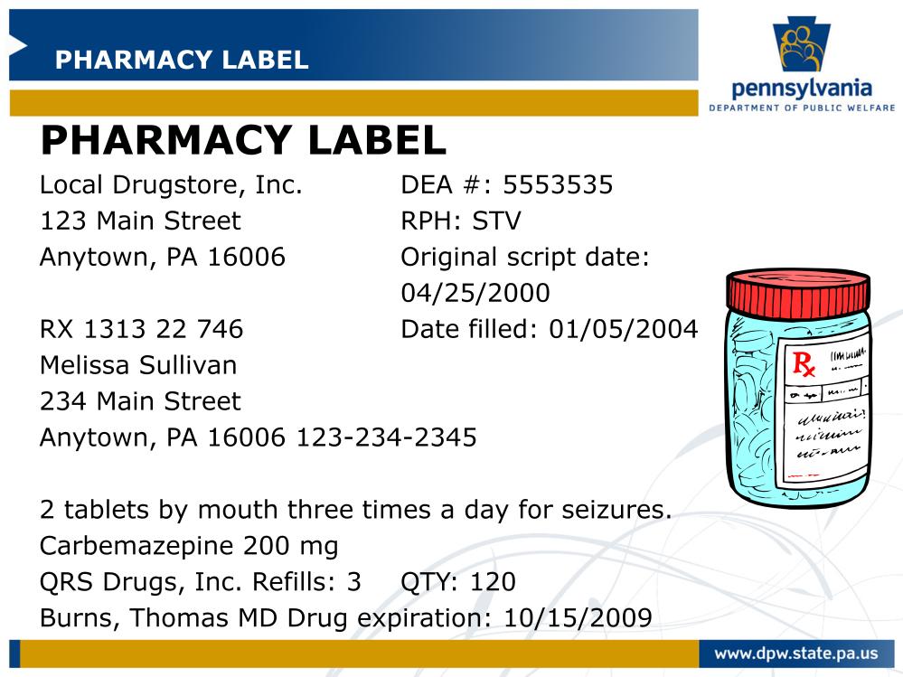 Where do you find the five rights for medications? Every medication container, like blister packs and bottles, should have a pharmacy label with the five rights on it. Let s look at an example.