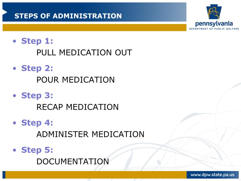Don t forget to wash your hands before and after you administer medication. Let s look at the five steps of administration.
