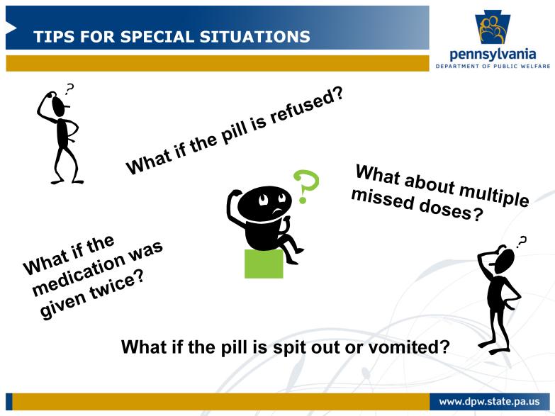 Now we will discuss some special situations and what you can do if any of these happen. What if the pill is spit out or vomited?
