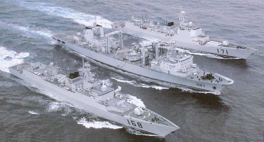 From top: China's People's Liberation Army Navy ships the Type 052C Luyang II-class guided-missile destroyer Haikou, the Type 903 Fuchi-class auxiliary vessel Weishan Hu, and the Type 052B Luyang