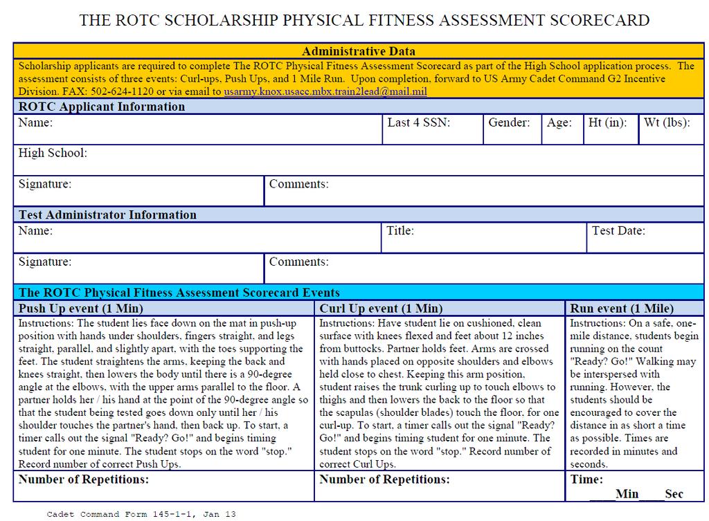 Cadet Command Form 145-1-1 ROTC Physical Fitness