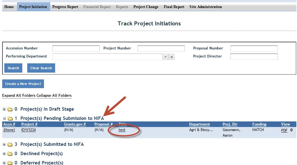 To review and submit the project you want, click the project title in the list of projects within the folder (red circle).
