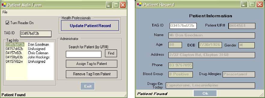 tag ID, which an application can use to retrieve patient record stored in the hospital databases.