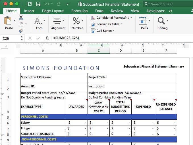The subcontract financial statement excel workbook After you have
