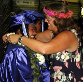 WEATHER Courtesy of Aeromet CMI instructor Deborah Daly gives a lei and a hug to CMI graduate Jimmiko Akeang after the commencement ceremony on Ebeye Monday.