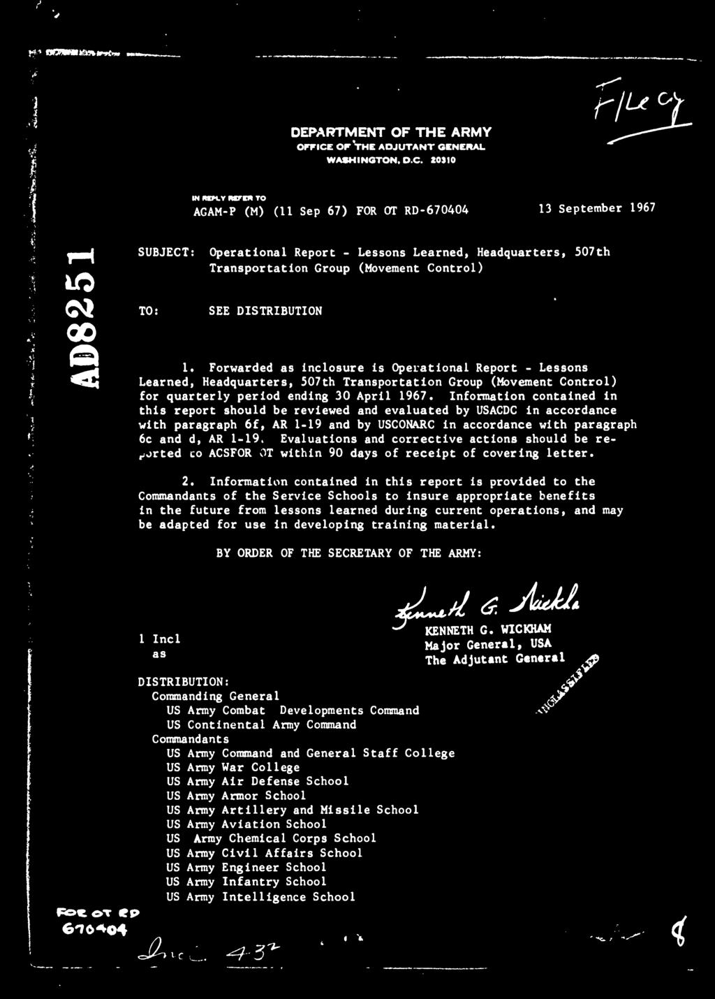20910 rl u^\ TO AGAM-P (M) (11 Sep 67) FOR 0T RD-670404 13 September 1967 T-l 40 G* TO: 00 SUBJECT Operational Report - Lessons Learned, Headquarters, 507th Transportation Group (Movement Control)