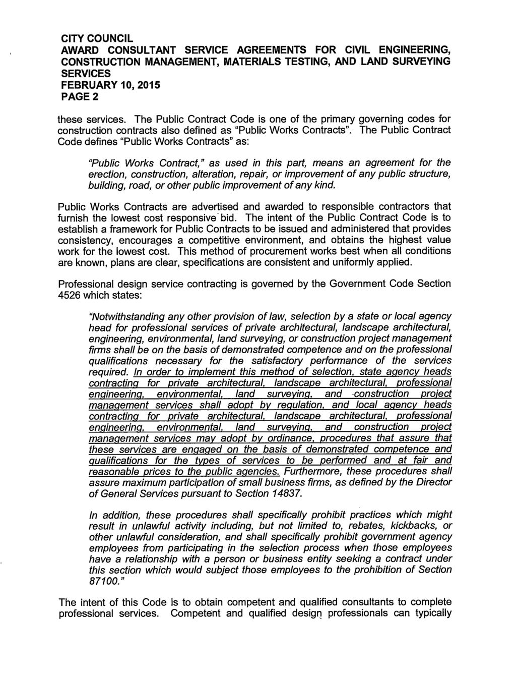 AWARD CONSUL TANT SERVICE AGREEMENTS FOR CIVIL ENGINEERING, PAGE2 these services.