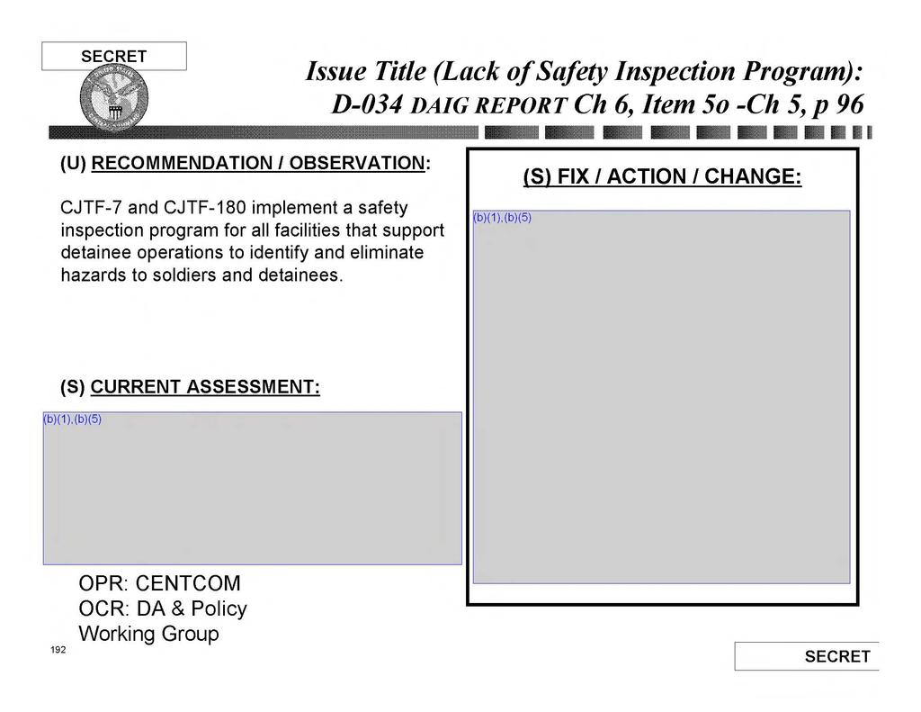 SECRET Issue Title (Lack ofsafety Inspection Program): D-034 DAIG REPORT Ch 6, Item 50 -Ch 5, P 96 (U) RECOMMENDATION I OBSERVATION: CJTF-7 and CJTF-180 implement a safety inspection program for all