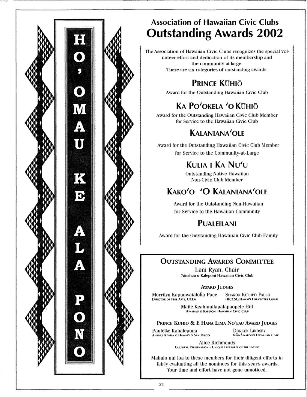 Association of Hawaiian Civic Clubs Outstanding Awards 2002 The Association of Hawaiian Civic Clubs recognizes the special volunteer effort and dedication of its membership and the community at-large.