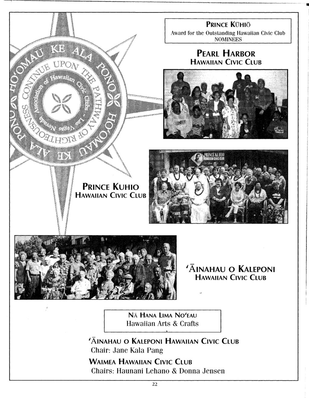 PRINCE KUHIC> Award for the Outstanding Hawaiian Civic Club NOMINEES PEARL HARBOR HAWAIIAN CIVIC CLUB PRINCE KUHIO HAWAIIAN CIVIC CLUB KALEPONI HAWAIIAN CIVIC CLUB I AINAHAU