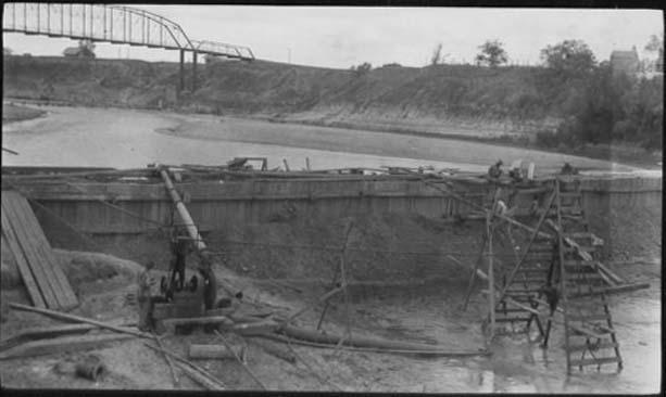 Rerouting and blocking of the river to construct a lock and dam. Primary Brazos River: Lock and Dam #3. (U.S.