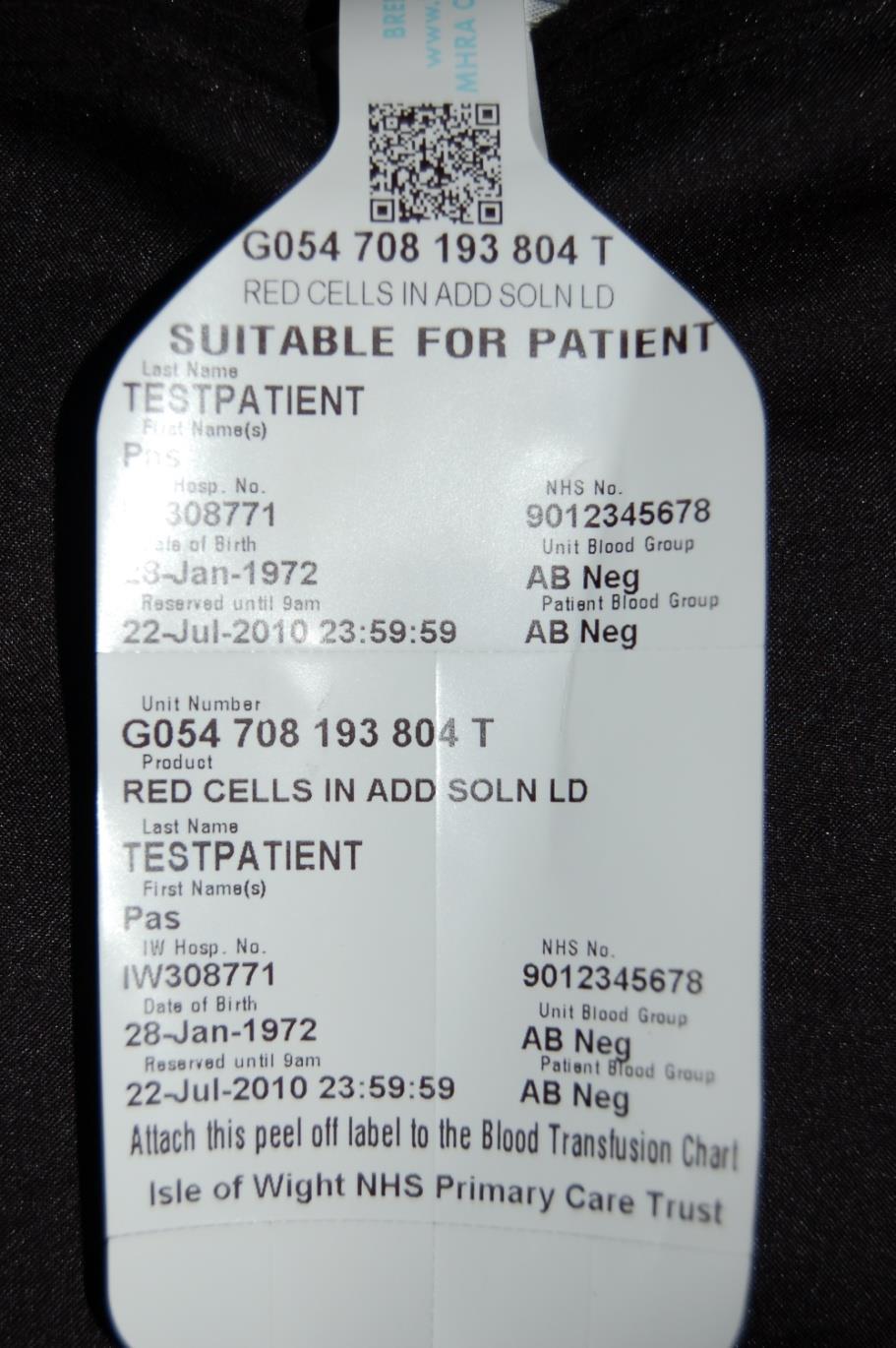 Electronic Blood Compatibility Label Appendix B2 THIS LABEL IS ATTACHED TO THE BLOOD OR BLOOD COMPONENT PACK 2D Barcode Label This