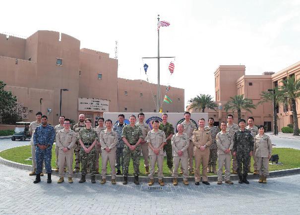 385 CTF 151 Commander Rear Admiral Fukuda (front row, sixth from left) and staff officers of the CTF 151 Headquarters in Bahrain Efforts for International Peace Cooperation Activities Japan