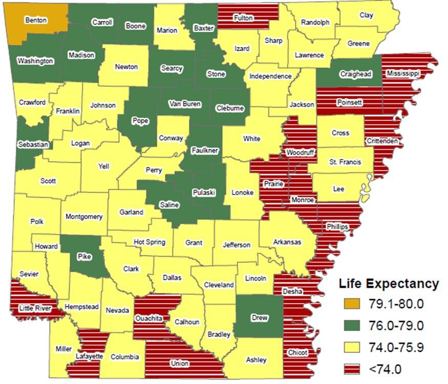 Arkansas Life Expectancy Rates As you can see, the color-coded counties are