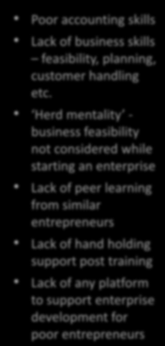 Herd mentality - business feasibility not considered while starting an enterprise Lack of peer