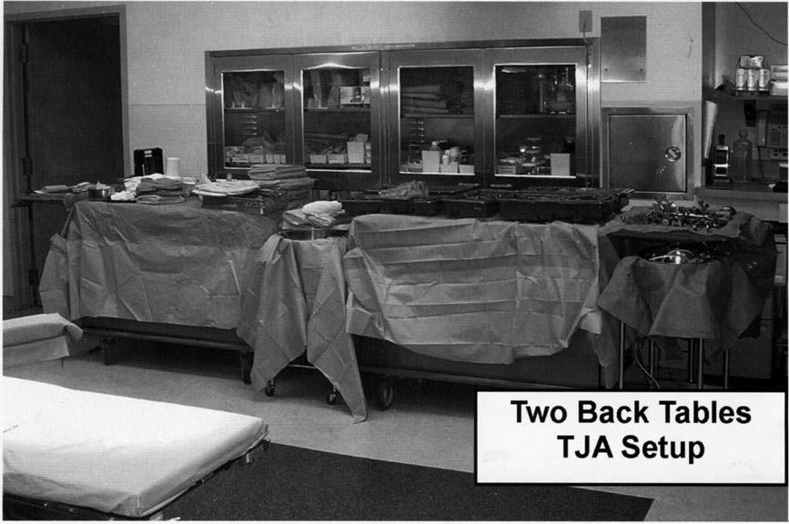 Abstract Introduction of a new, oversized back table with a second top tier eliminated the need for two back tables during total joint arthroplasty (TJA) procedures performed at one institution with