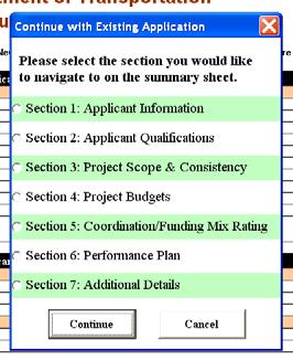 As the application worksheet is lengthy and can be difficult to scroll through manually, the button to the top right of the application, Navigate to Section, can be used to open a specific section of