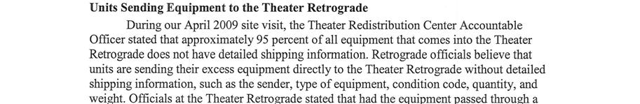 Background The Theater Retrograde acts as a theater collection point for excess equipment and is responsible for ensuring thc equipment's redistribution or disposal.