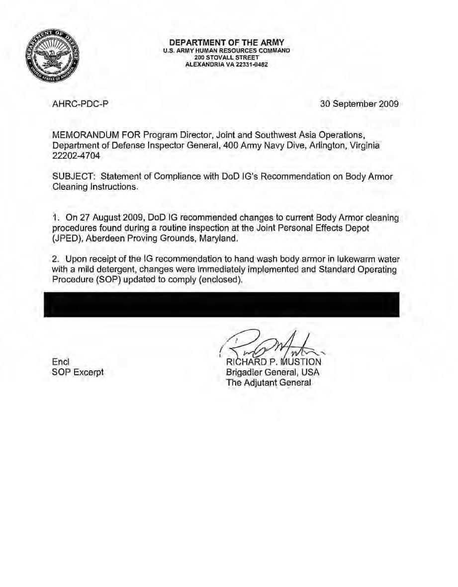 Adjutant General of the U.S. Army Comments Final Report Reference OEPARTMENT OF THE ARM